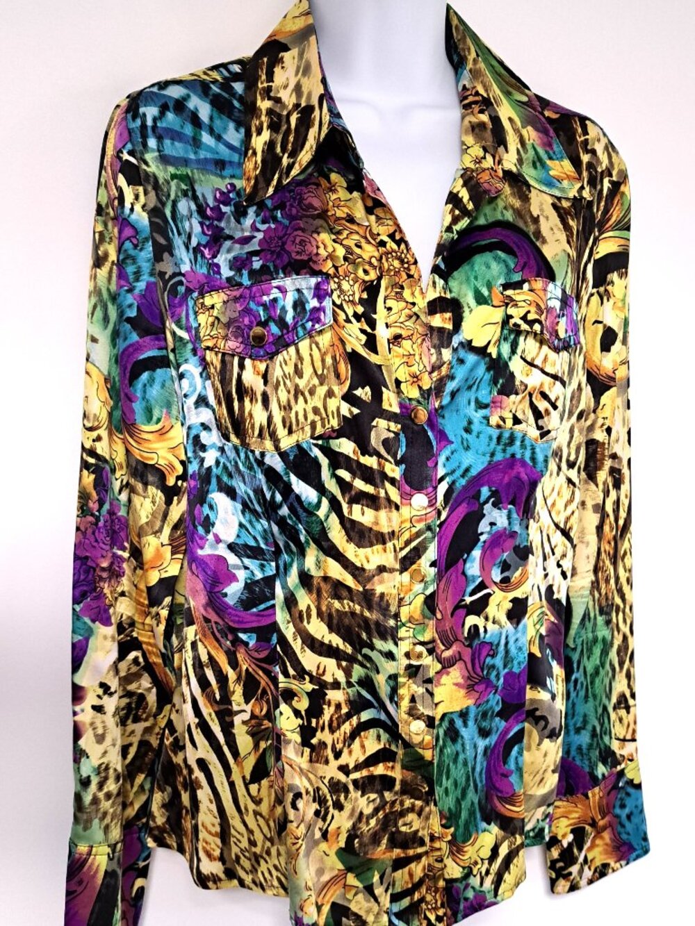 GREAT MULTI COLOR CACHE 95% SILK BLOUSE BUTTON UP SIZE LARGE